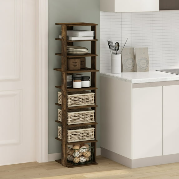 Furinno Compact 9-Tier Vertical Space Saving Free Standing Corner Shelf, Display Rack, Amber Pine