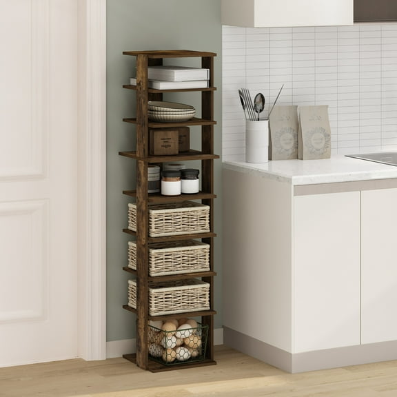 Furinno Compact 9-Tier Vertical Space Saving Free Standing Corner Shelf, Display Rack, Amber Pine