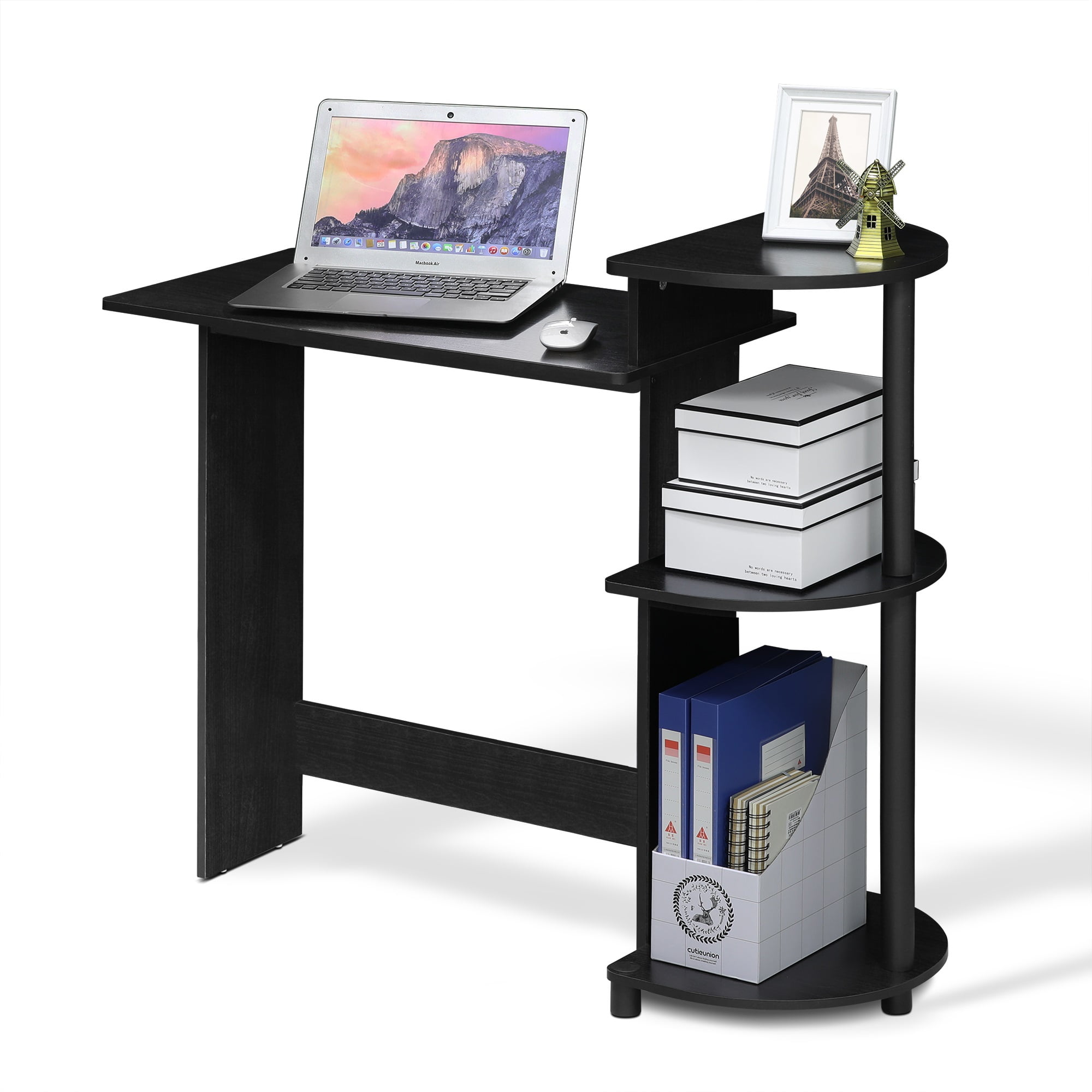 Furinno Compact Computer Desk with Shelves Americano Black 11181AM BK