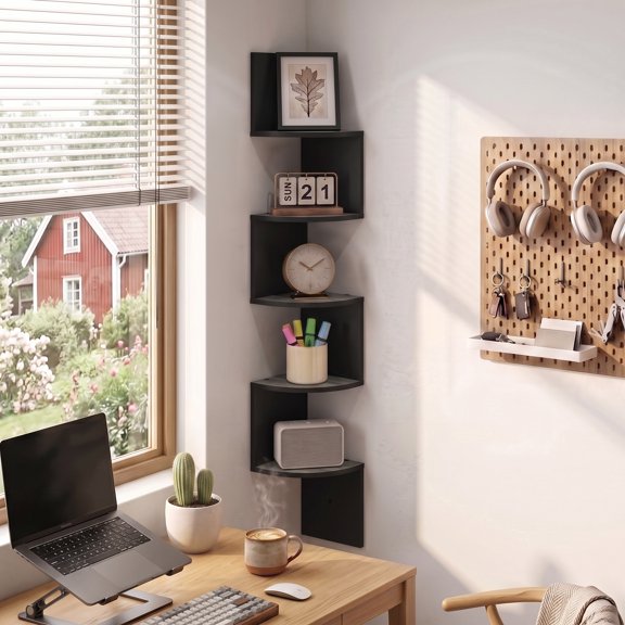 Furinno Contemporary 7.8 x 7.8 5-Tier Oak Floating Corner Shelf