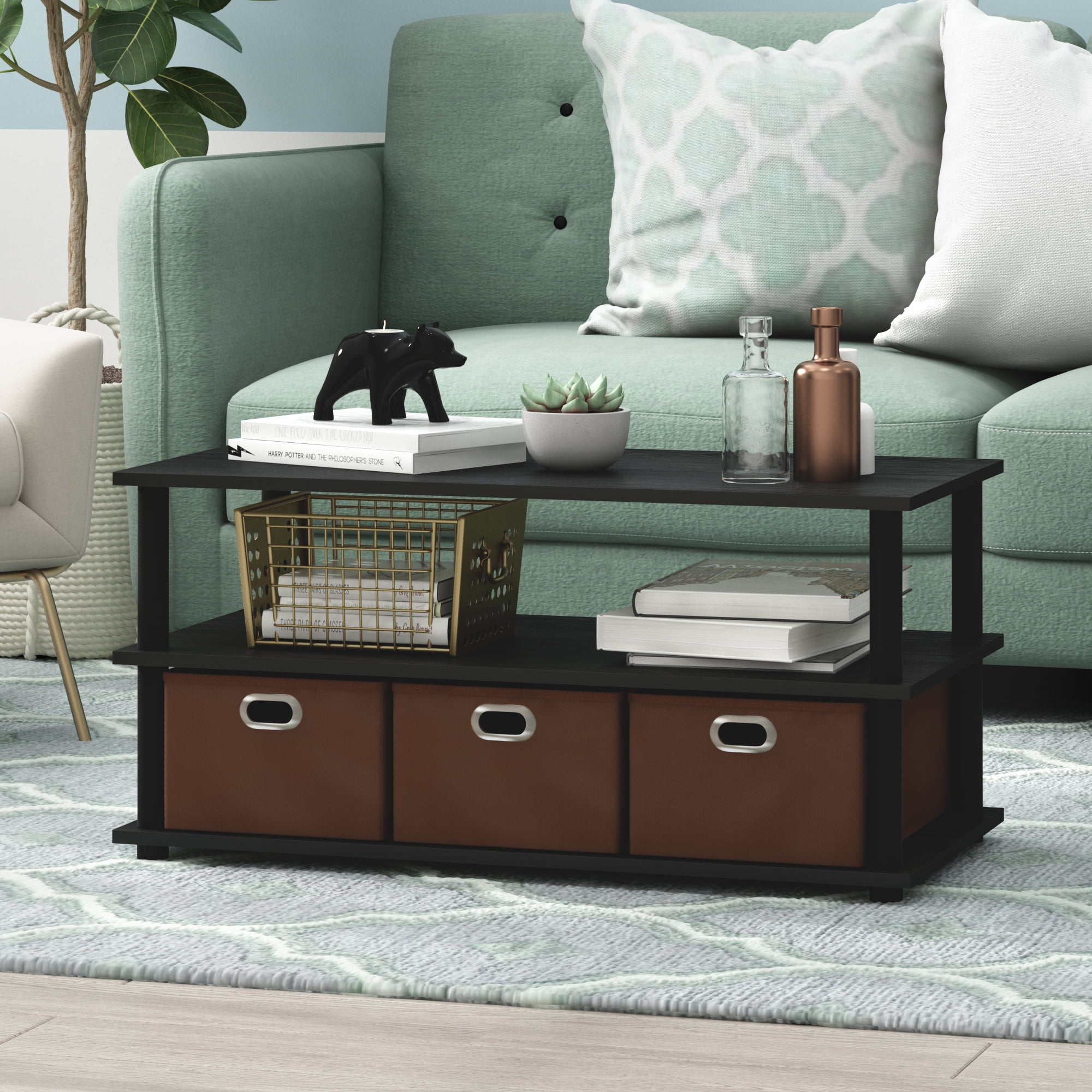 Furinno Contemporary Rectangular Wood Coffee Table with Storage, Black Oak/Brown