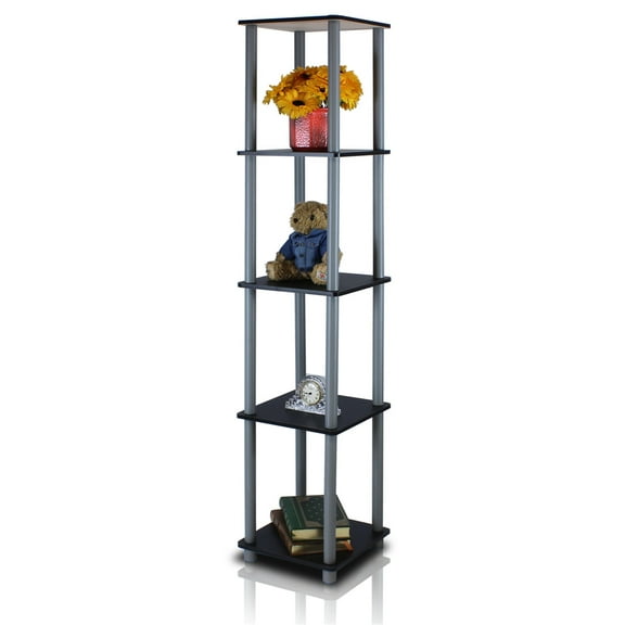 Furinno Corner Square Display 11.6"W x 11.6"D x 57.7"H 5-Shelf Freestanding Shelving Unit, Black and Gray