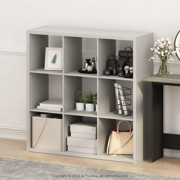 Furinno Cubic Open Back Multipurpose Clothing & Closet Storage Organizer Shelf, 9-Cube, Light Grey