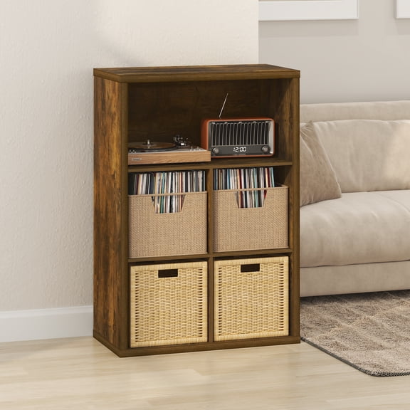 Furinno CUBICLE Vintage Vinyl Record Media Storage Organizer 5-Cube Amber Pine