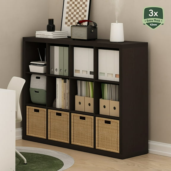 Furinno Cubicle Extra Thick Frame Decorative Cube Storage Organizer, 12-Cube, Dark Oak