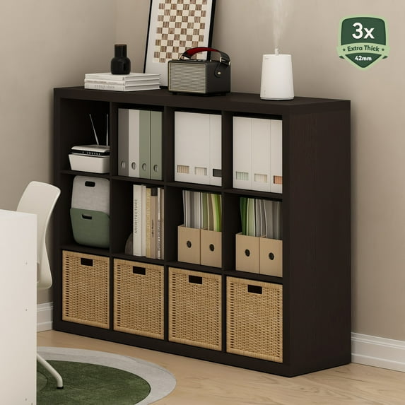 Furinno Cubicle Extra Thick Frame Decorative Cube Storage Organizer, 12-Cube, Dark Oak