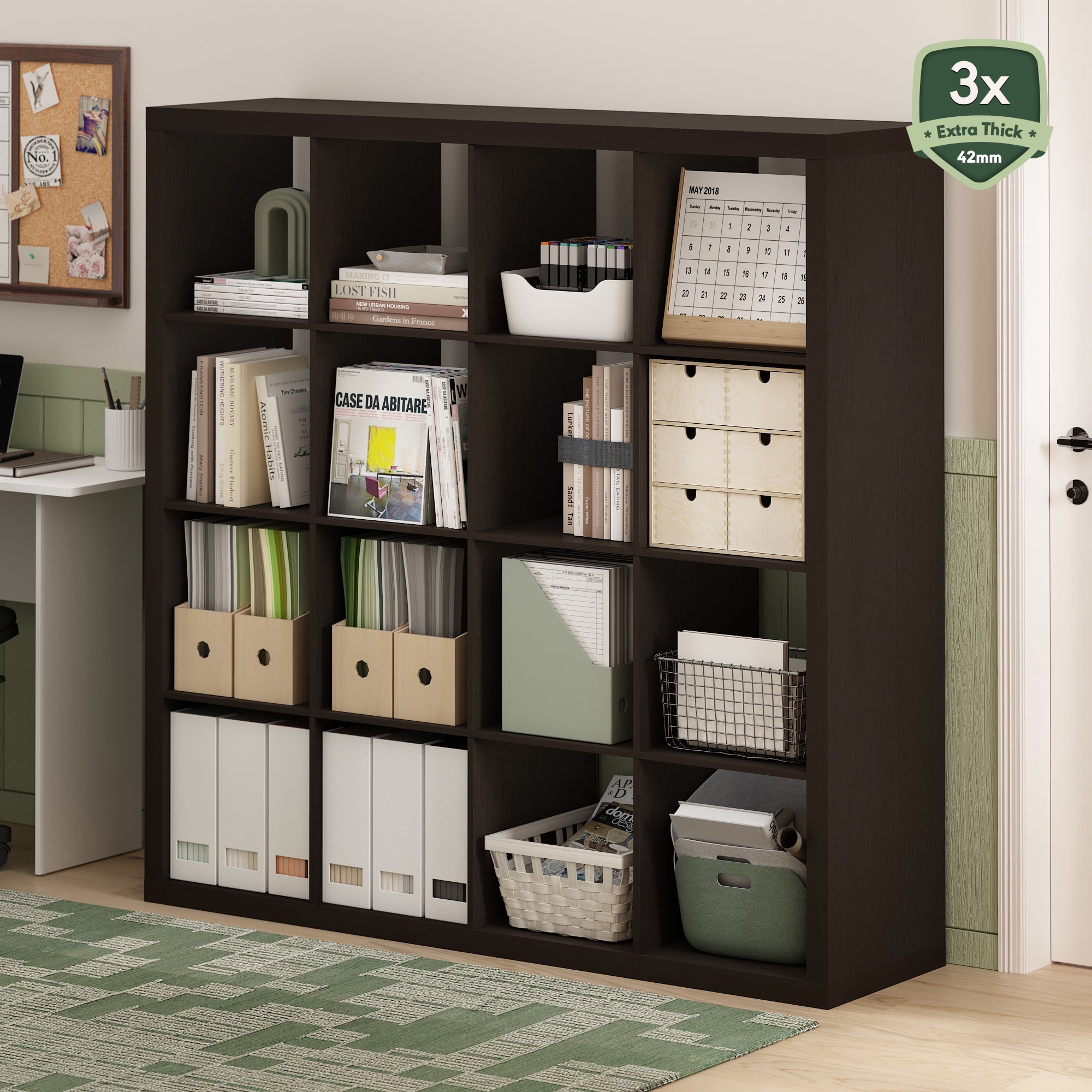 Furinno Cubicle Extra Thick Frame Decorative Cube Storage Organizer, 16-Cube, Dark Oak