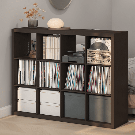 Furinno Cubicle Extra Thick Frame Decorative Vintage Vinyl Record Media Storage Organizer, 12-Cube, White