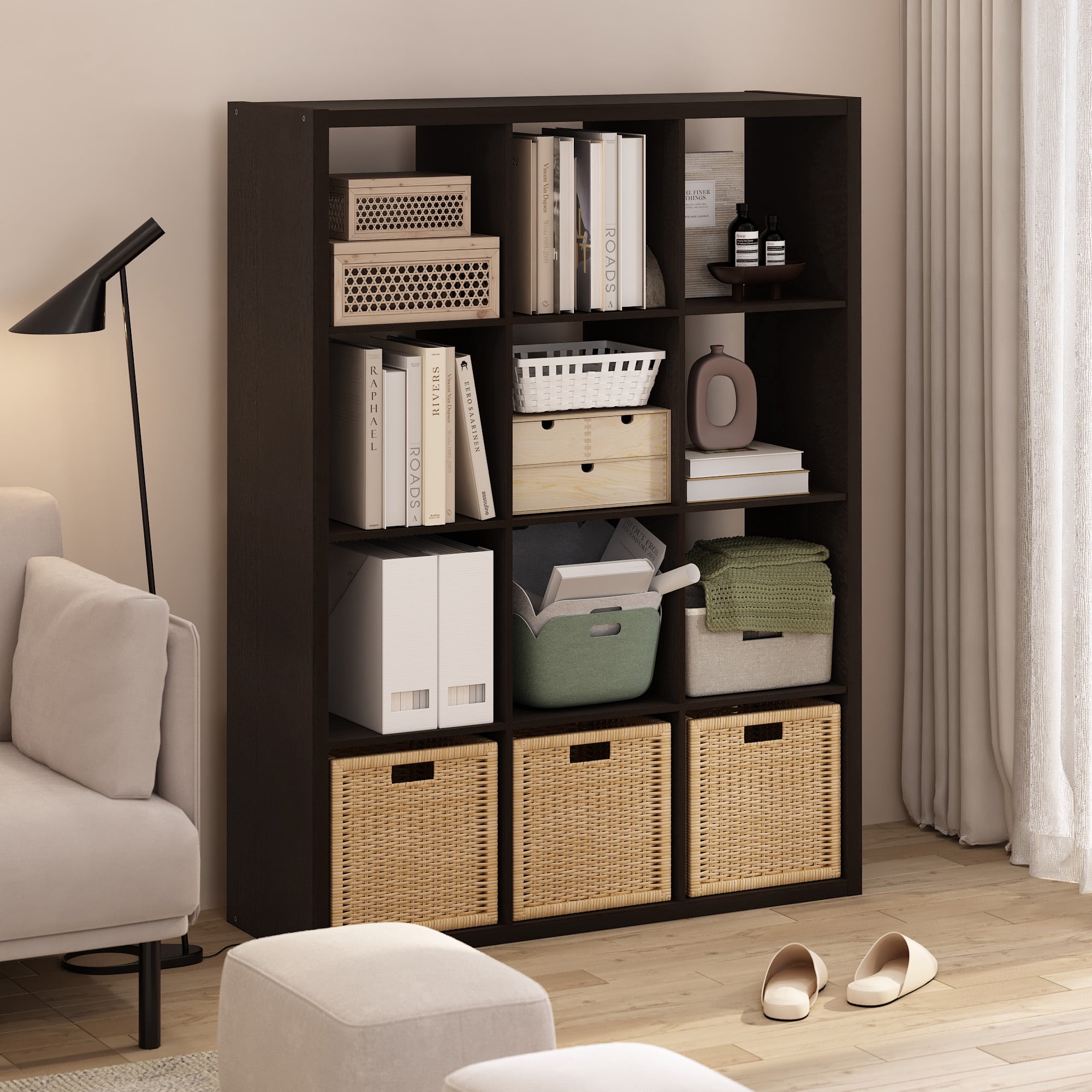 Furinno CUBICLE Book Shelf, 12-Cube Thick Frame Bookshelf, Reversible Bookcase with Open Back, 14.6 x 43.8 x 58, for Living Room, Bedroom, Home Office, Black Dark Oak