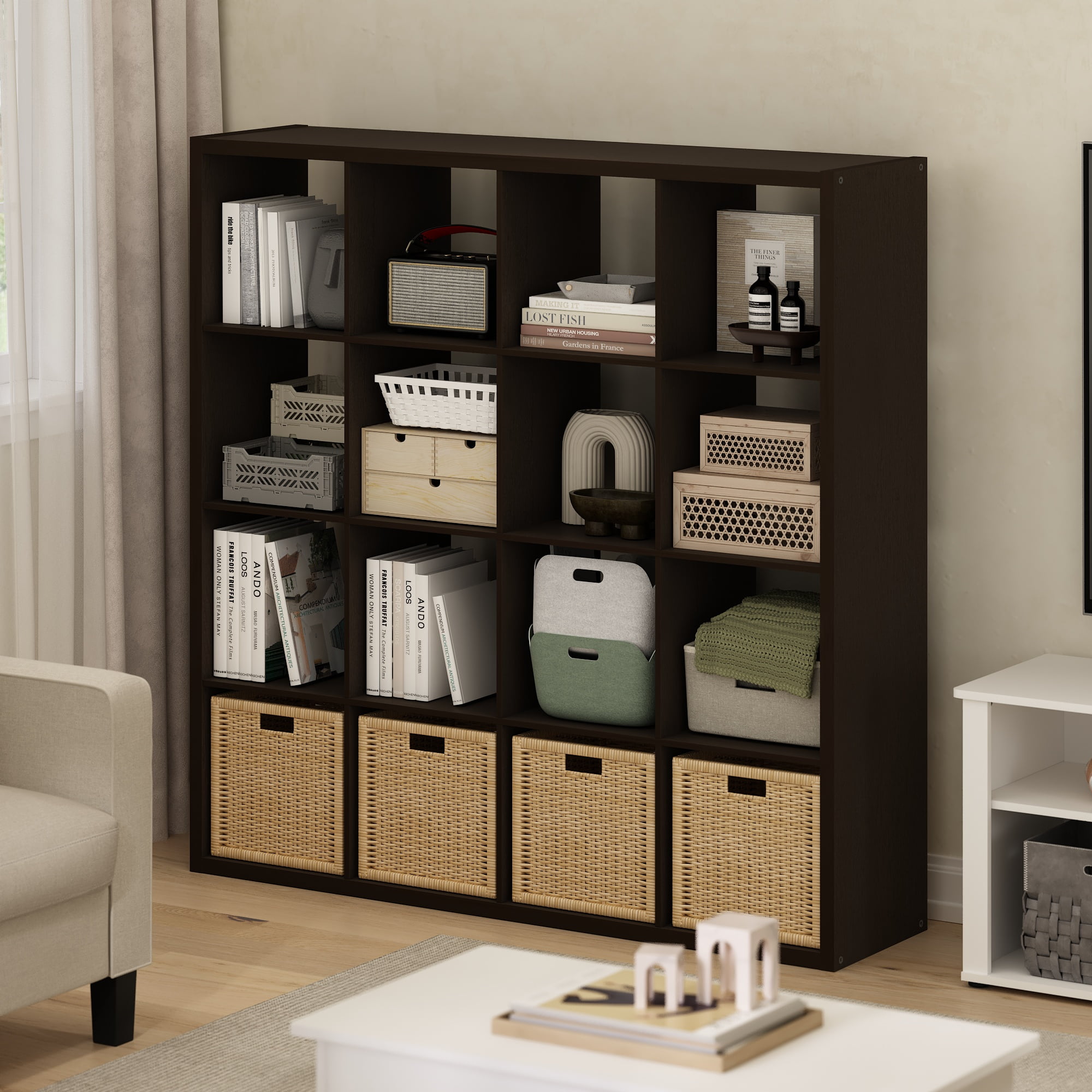 Furinno CUBICLE Book Shelf, 16-Cube Thick Frame Bookshelf, Reversible Bookcase with Open Back, 14.6 x 57.8 x 58, for Living Room, Bedroom, Home Office, Black Dark Oak