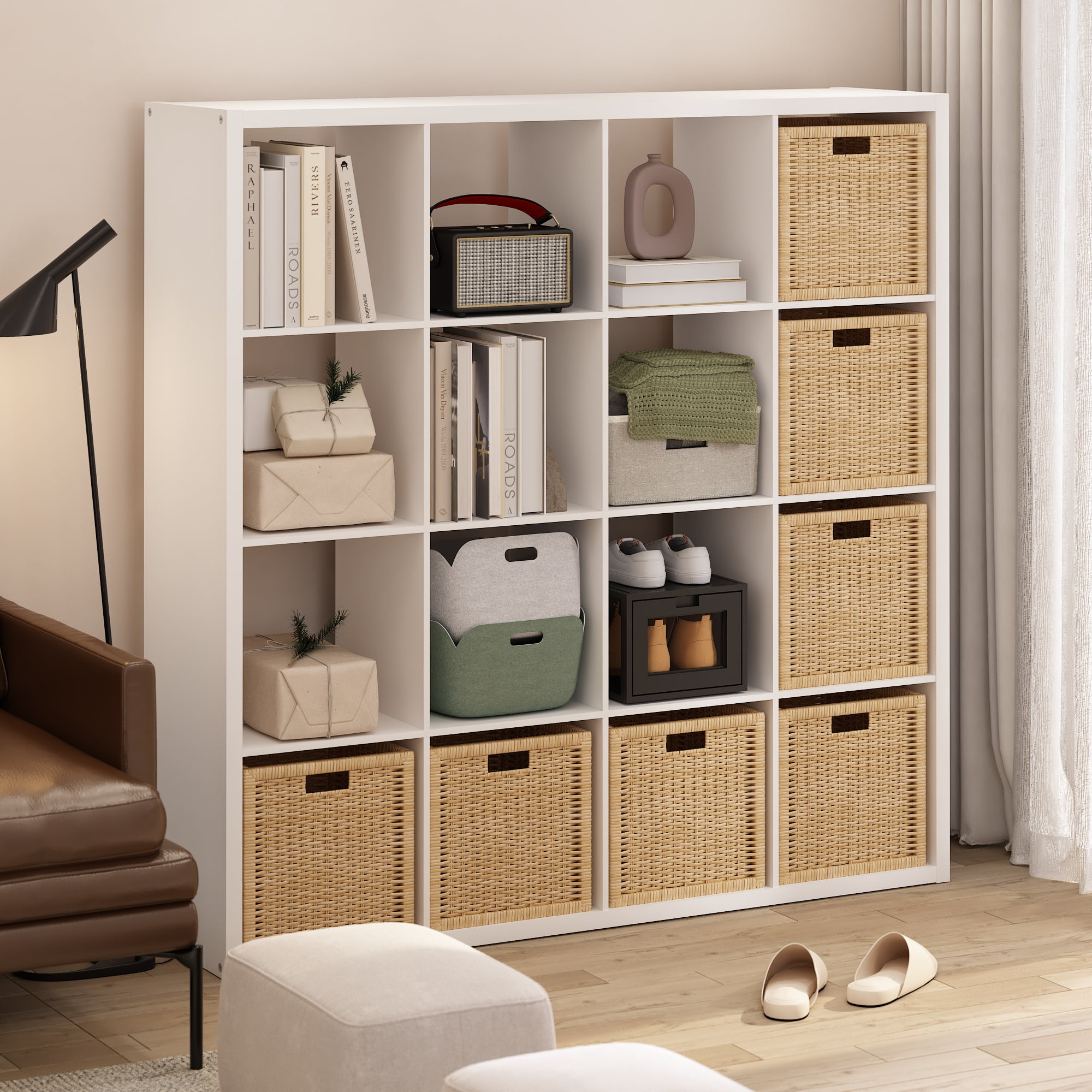 Furinno CUBICLE Book Shelf, 16-Cube Thick Frame Bookshelf, Reversible Bookcase with Open Back, 14.6 x 57.8 x 58, for Living Room, Bedroom, Home Office, White