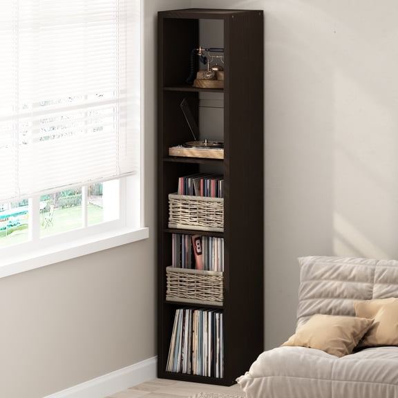Furinno CUBICLE Vintage Vinyl Record Media Storage Organizer 5-Cube Dark Oak