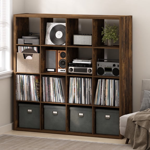 Furinno CUBICLE Vintage Vinyl Record Media Storage Organizer 16-Cube Amber Pine