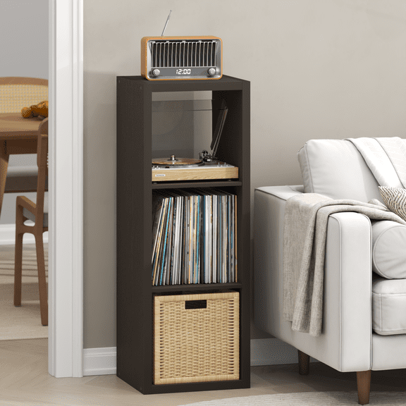 Furinno CUBICLE Vintage Vinyl Record Media Storage Organizer 3-Cube Dark Oak