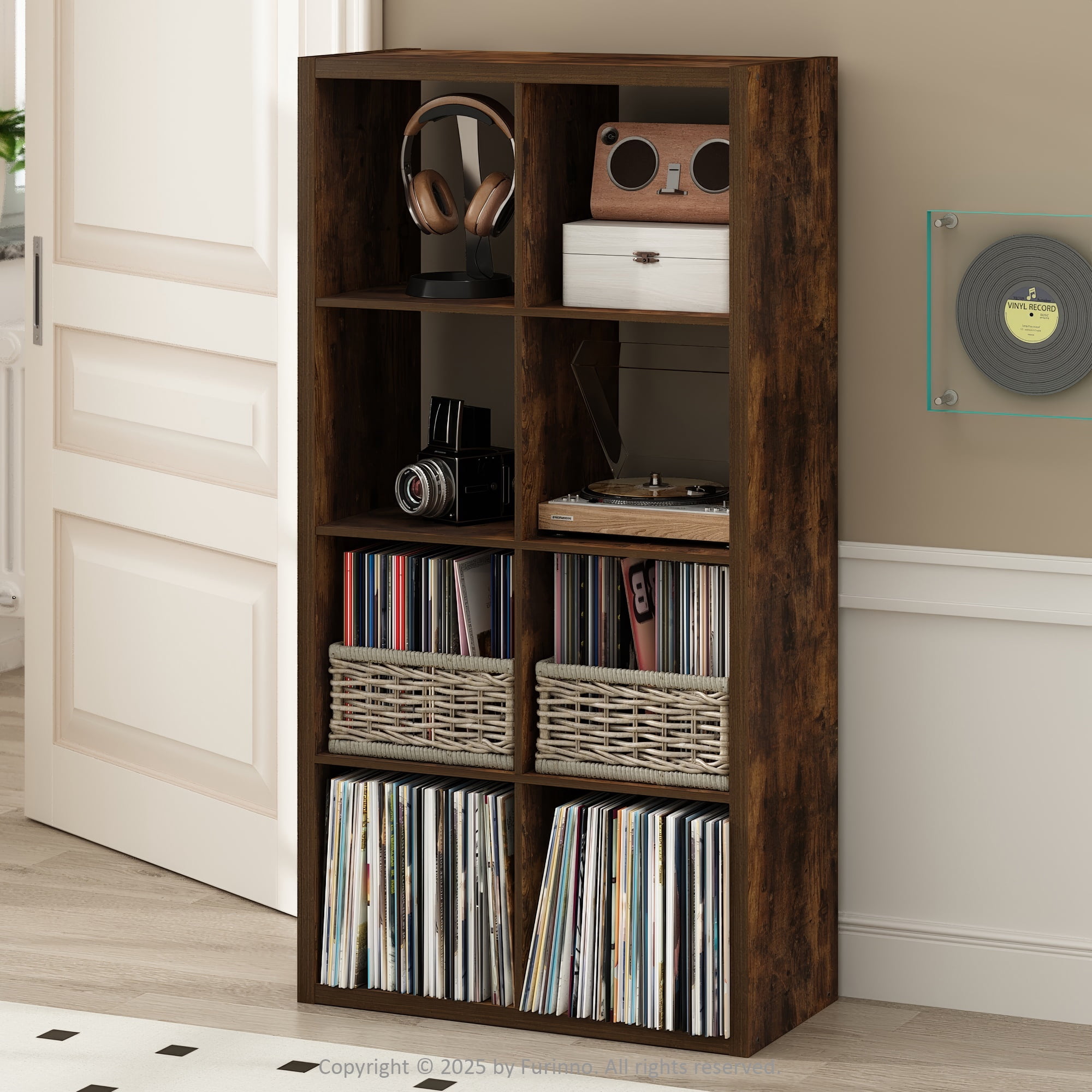 Furinno CUBICLE Vintage Vinyl Record Media Storage Organizer 8-Cube Amber Pine