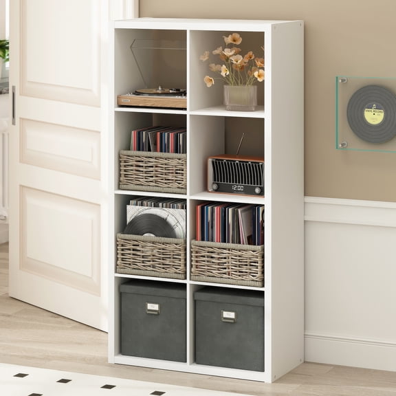 Furinno CUBICLE Vintage Vinyl Record Media Storage Organizer 8-Cube White