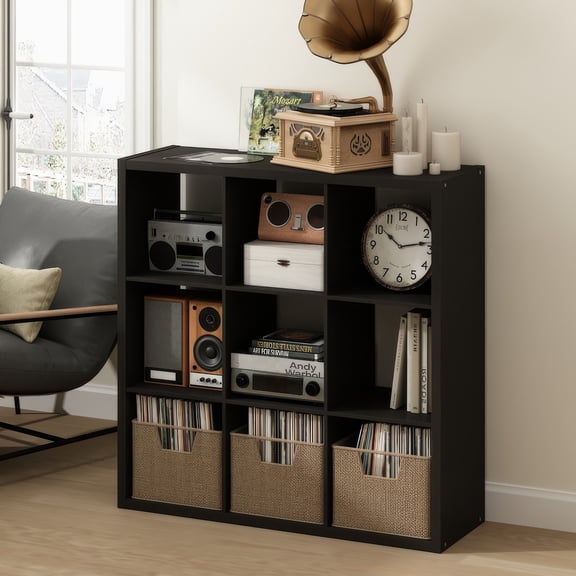 Furinno CUBICLE Vintage Vinyl Record Media Storage Organizer 9-Cube Dark Oak