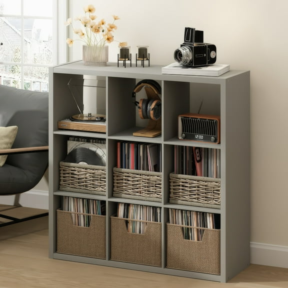 Furinno CUBICLE Vintage Vinyl Record Media Storage Organizer 9-Cube Light Grey