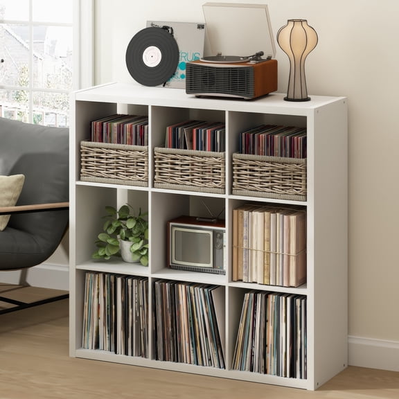 Furinno CUBICLE Vintage Vinyl Record Media Storage Organizer 9-Cube White