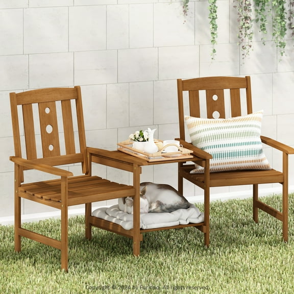 Furinno Dalam Hardwood Conversation Set with Attached Coffee Table and Umbrella Hole, Natural