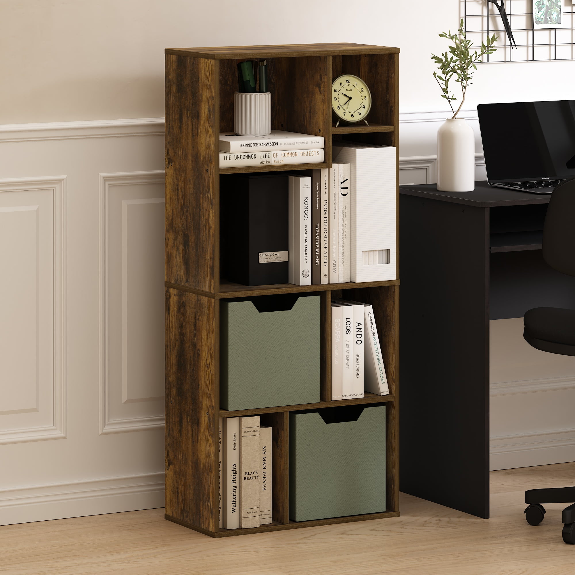 Furinno Daly 7-Cube Irregular Cubes Bookcase, Bookshelf, Storage Organizer, Amber Pine