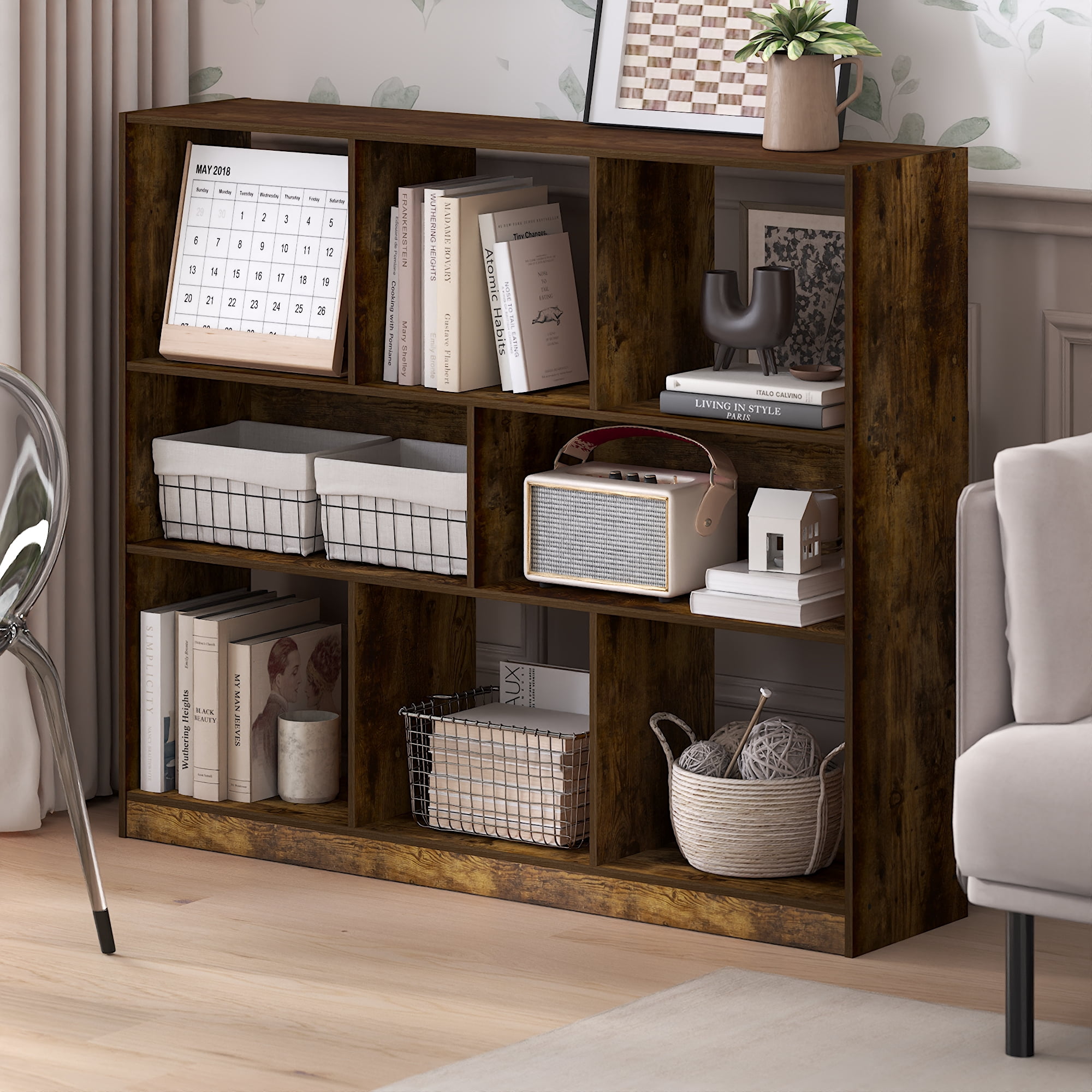 Furinno Daly 8-Cube Horizontal 3 Tier Bookcase, Bookshelf, Storage Organizer, 47 Width, Amber Pine