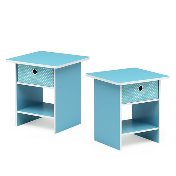Furinno Dario End Table/ Night Stand Storage Shelf with Bin Drawer, Light Blue/Light Blue, Set of 2