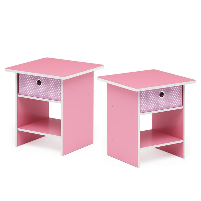 Furinno Dario End Table/ Night Stand Storage Shelf with Bin Drawer, Pink/Light Pink, Set of 2