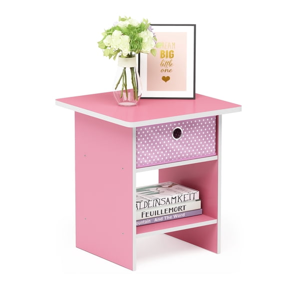 Furinno Dario Side Table with Bin Drawer, Pink End Table with Open Shelves, Night Stand, Bedside Table for Living Room, Bedroom, Home Office, for Living Room, Bedroom, Pink