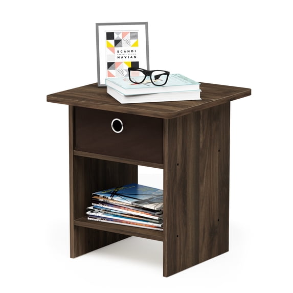 Furinno Dario Side Table with Bin Drawer, Rustic Brown End Table with Open Shelves, Night Stand, Bedside Table for Living Room, Bedroom, Home Office, Brown Walnut/Dark Brown