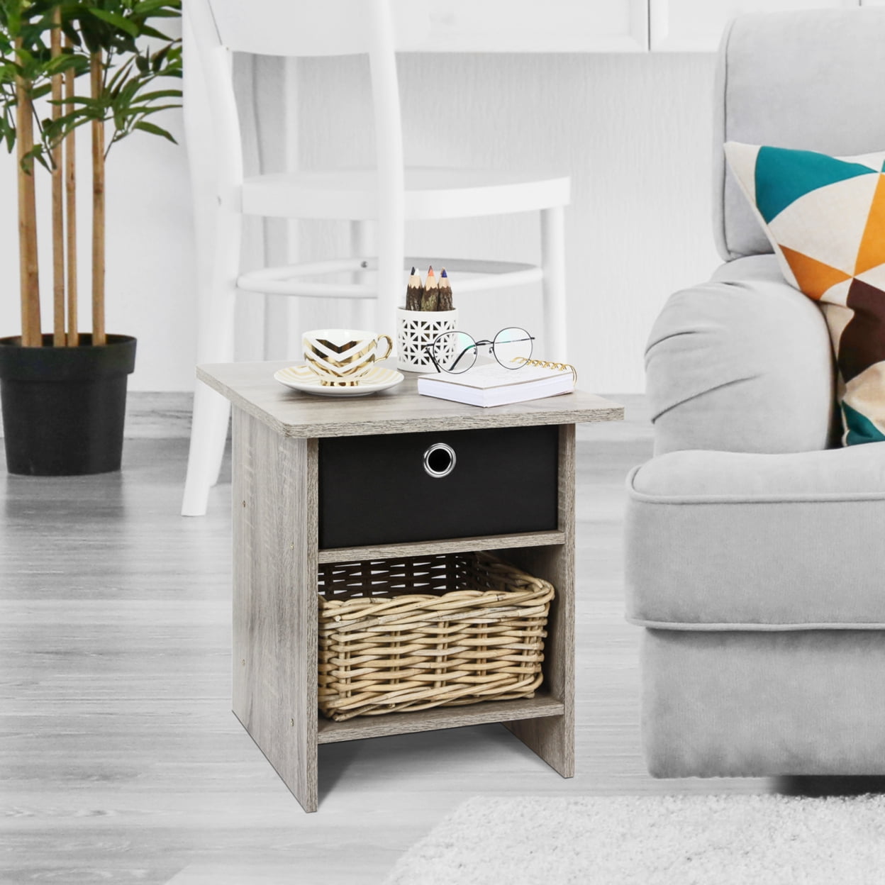 Furinno DARIO Wood End Table Storage Shelf in French Oak Gray/Black