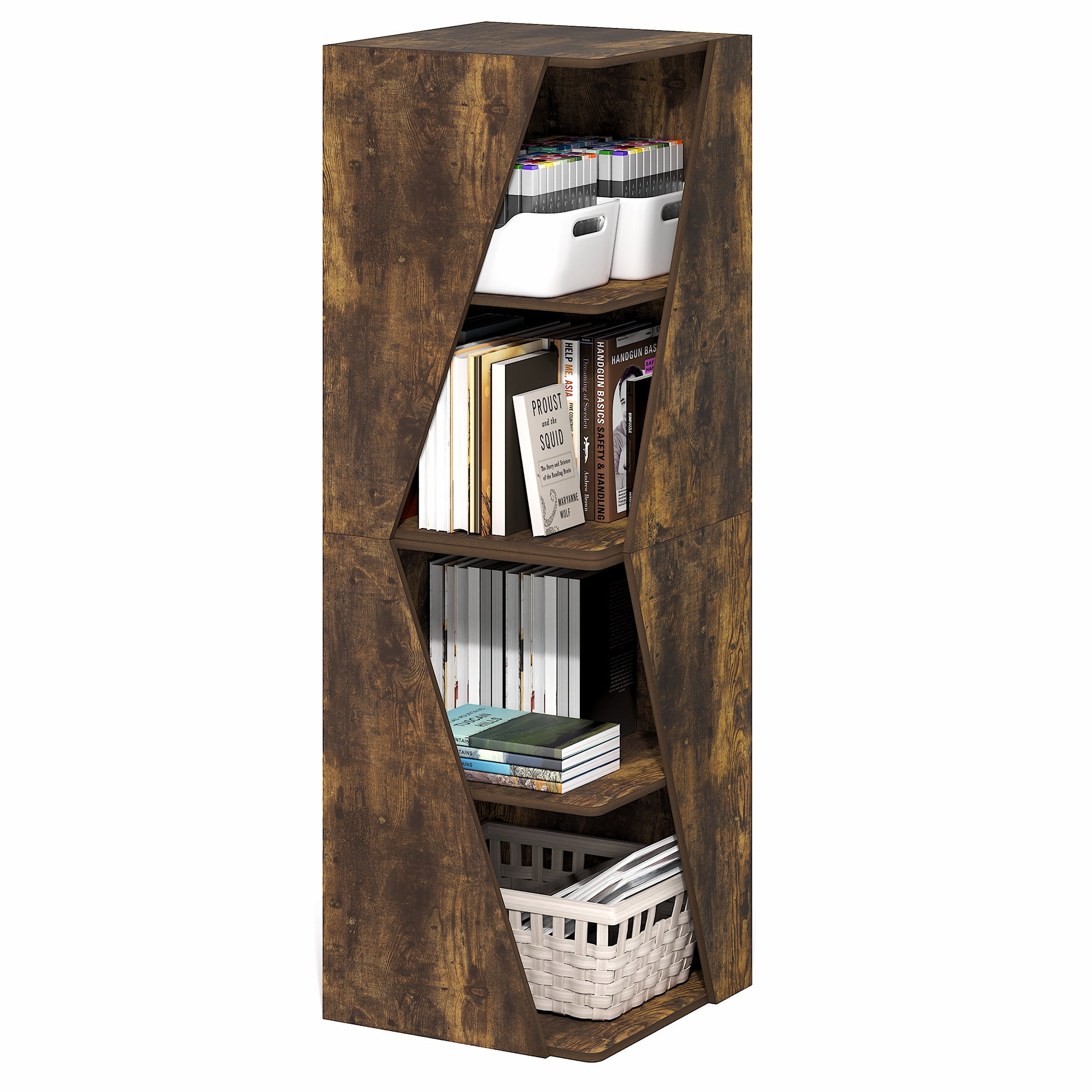 Furinno ECON Stackable 2-in-1 Bookshelf 4-Tier Corner Bookcase Amber Pine