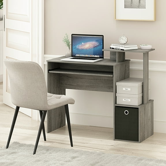 Furinno ECON Gaming Desk with Keyboard Tray and Storage Bin in Grey Oak