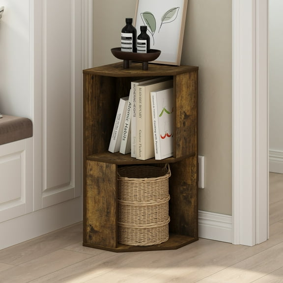 Furinno Econ 2-Tier Freestanding Corner Shelf Bookcase, Bookshelf, Amber Pine
