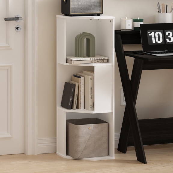 Furinno Econ 3-Tier Freestanding Corner Shelf Bookcase, Bookshelf, White