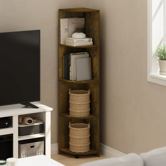 Furinno Econ 4-Tier Corner Shelf Bookcase, Bookshelf, Amber Pine