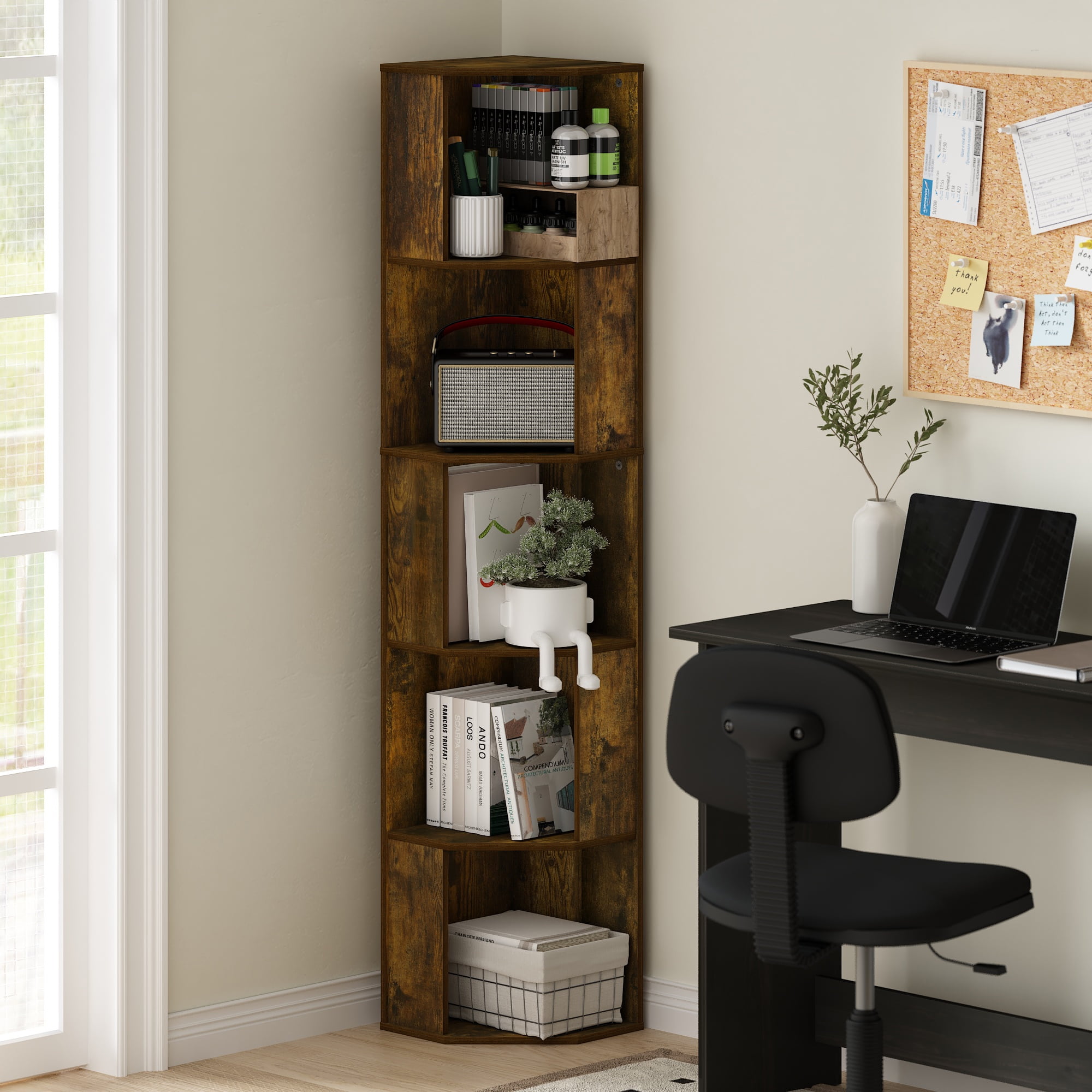 Furinno ECON 5-Tier Freestanding Corner Shelf Bookcase in Bookshelf Amber Pine
