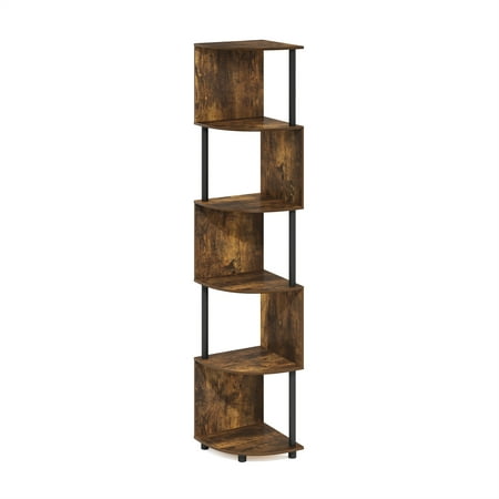 Furinno ECON 5-Tier Zigzag Corner Shelf Bookcase in Bookshelf Amber Pine/Black