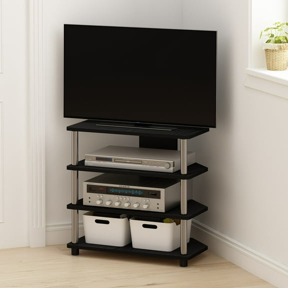 Furinno Econ Easy Assembly 4-Tier Petite TV Stand, Americano, Stainless Steel Tubes
