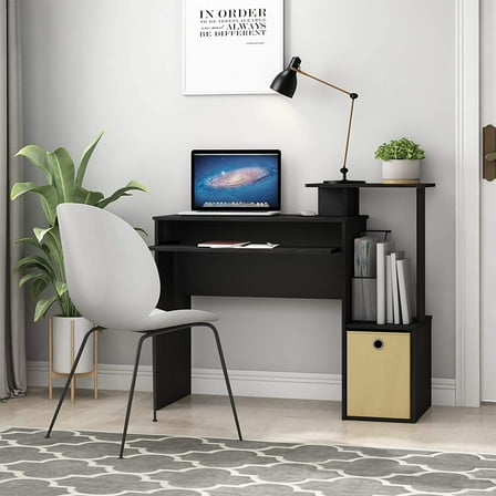 Furinno Econ Multipurpose Home Office Computer Writing Desk with Bin, Black, Keyboard Trays, CPU Storage, Drawer
