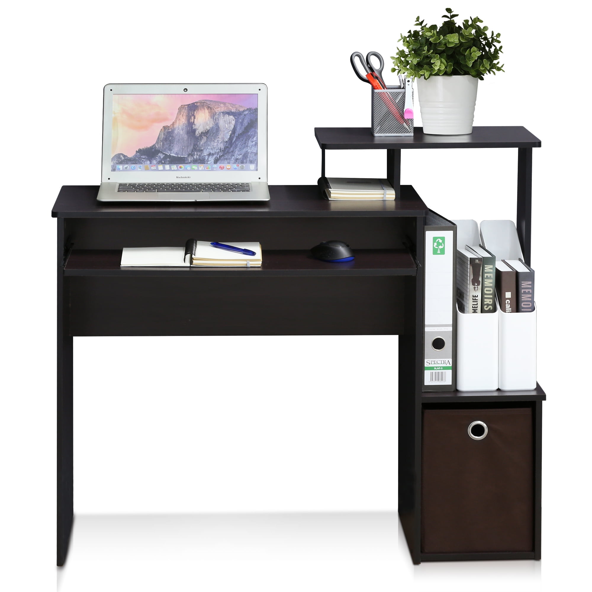 Dark Walnut Compact Computer Desk with Drawer and Keyboard Tray