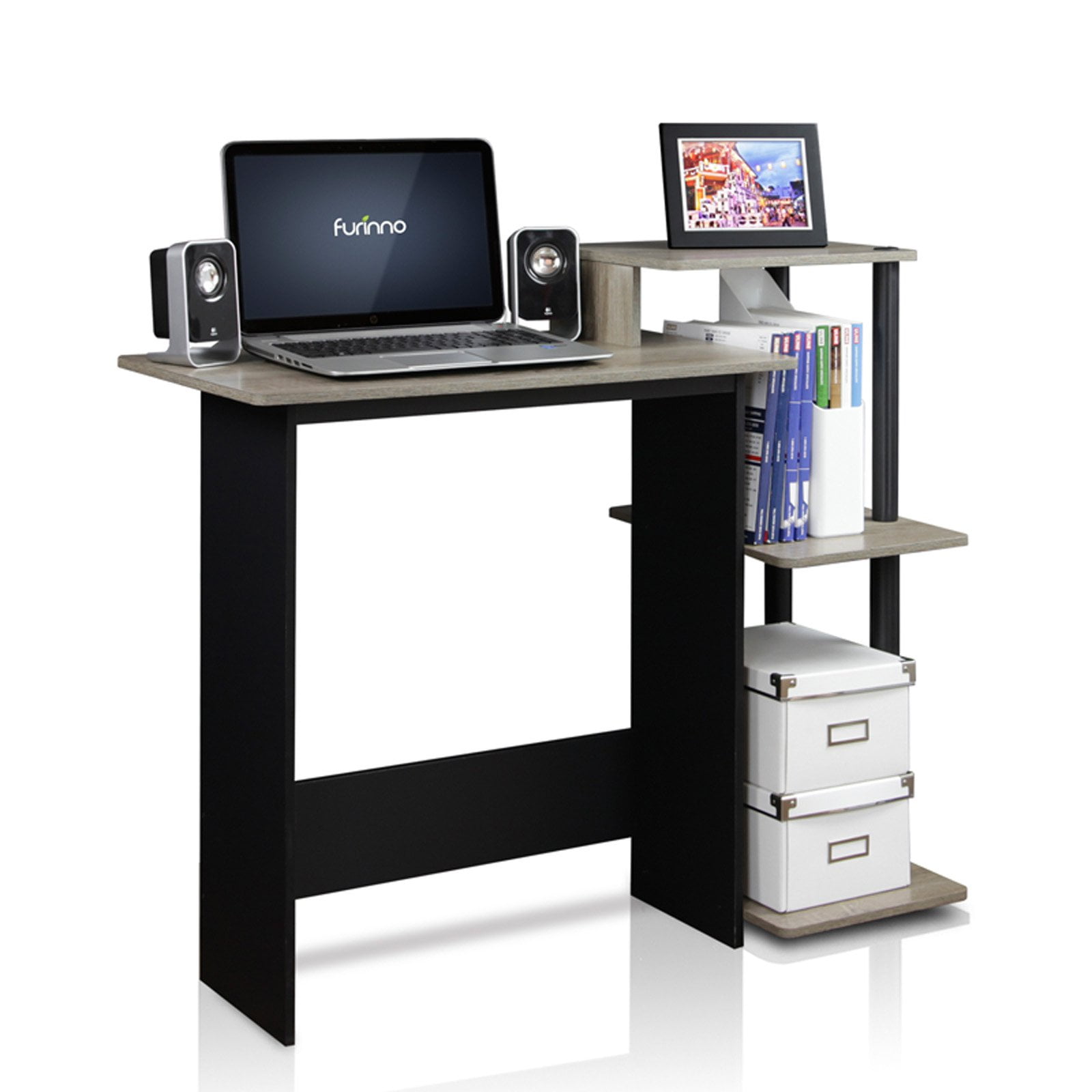 Compact French Oak Grey/Black Laptop Desk with Drawer