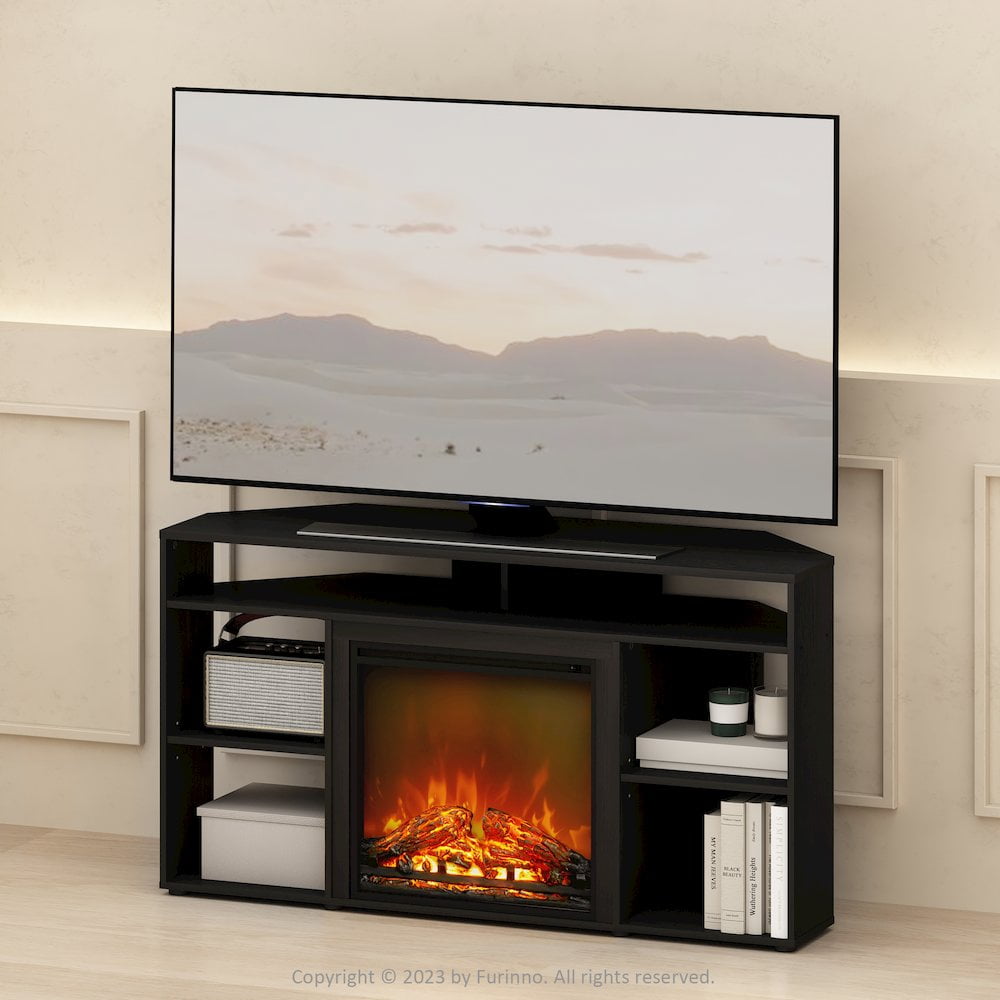 Furinno Jensen No Heat Decorative Electric Fireplace Corner TV Stand, Entertainment Center for TV up to 55 Inch with 6 Open Compartments, Americano