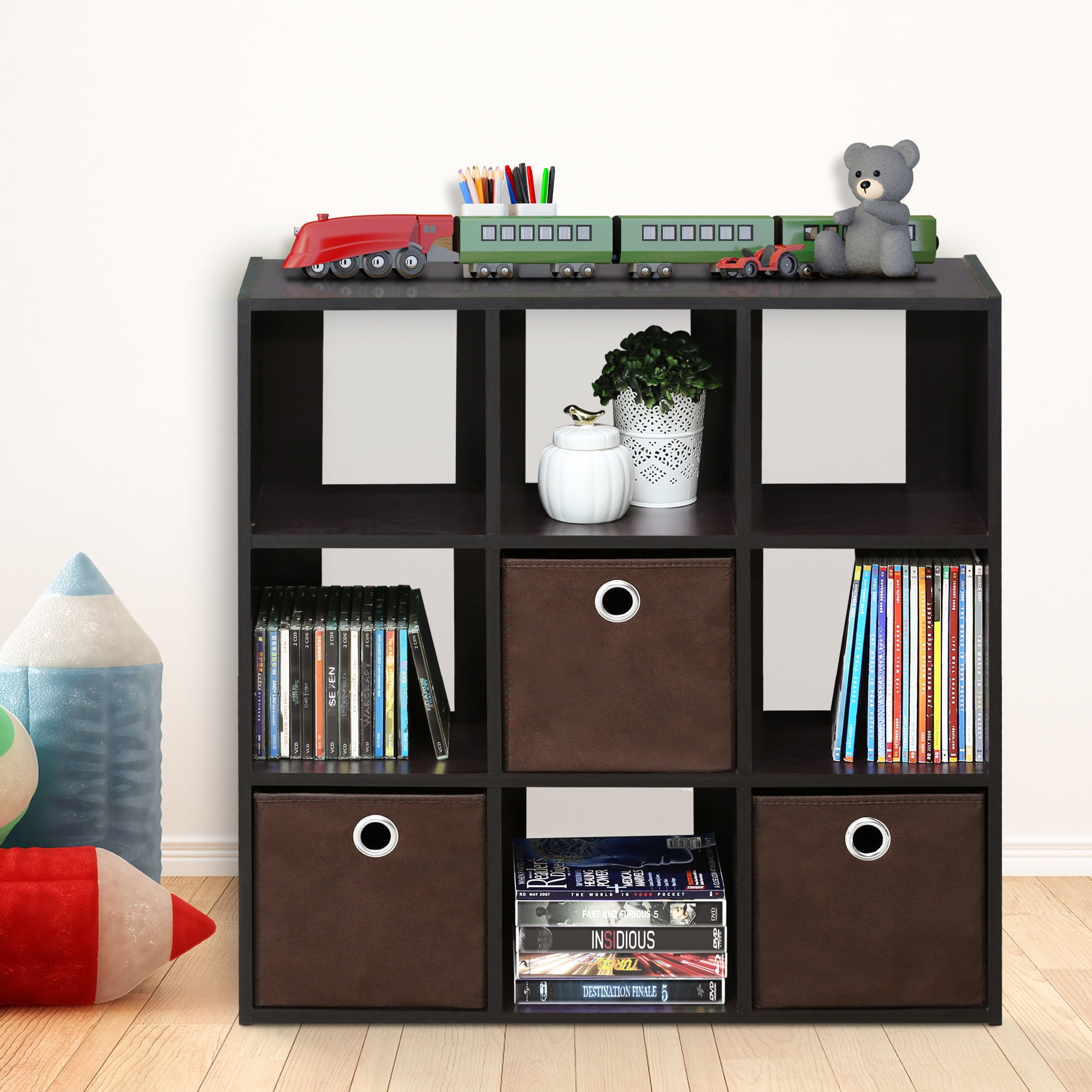 Furinno Engineered Wood SIMPLISTIC 9-Cube Organizer with Bins in Dark Walnut