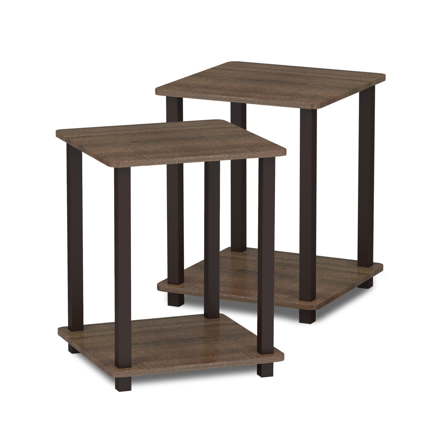 Walnut Brown Compact Wood End Tables with Shelf, Set of 2