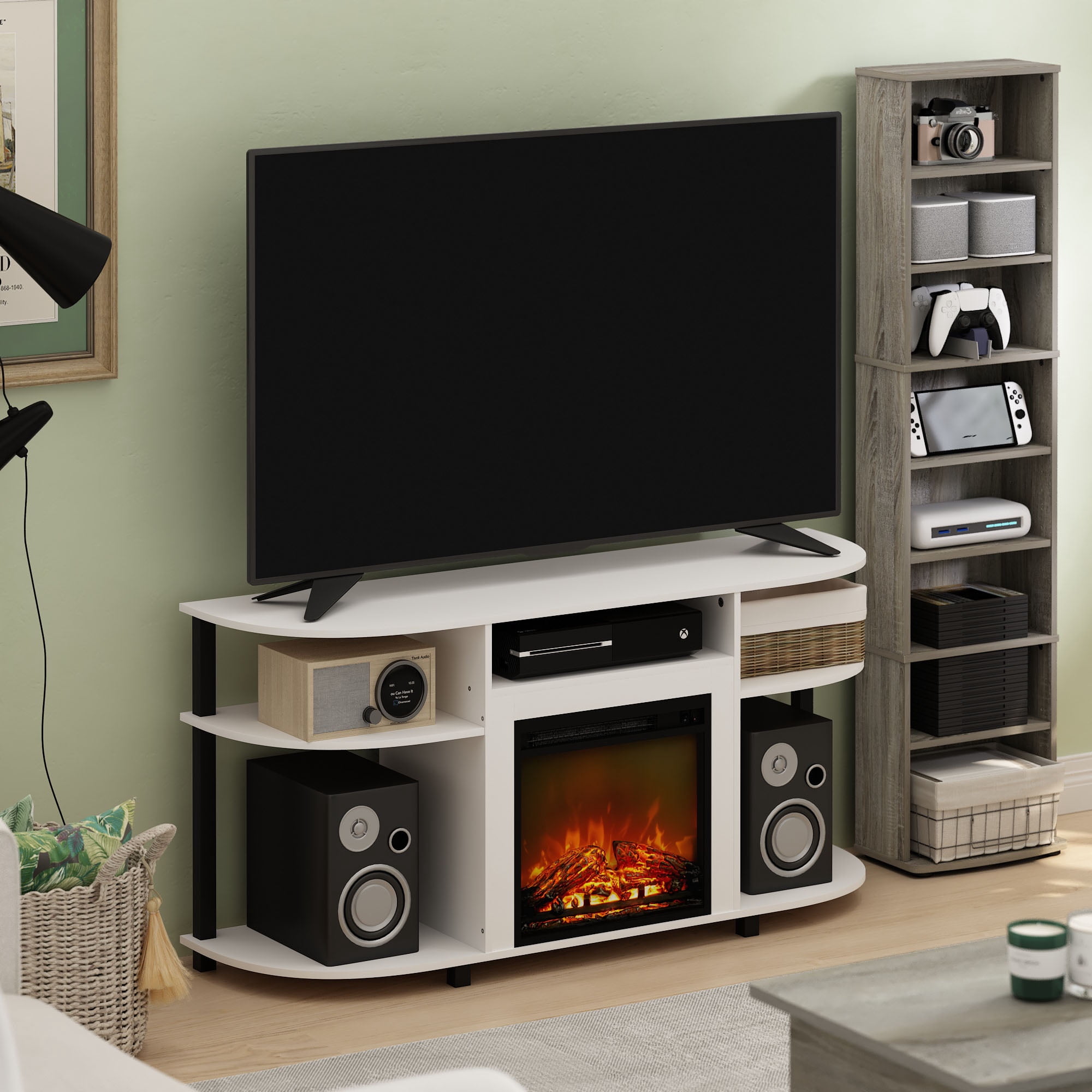 Furinno Jensen Open Storage Curved Entertainment Center Stand with Fireplace for TV up to 55 Inch, Solid White