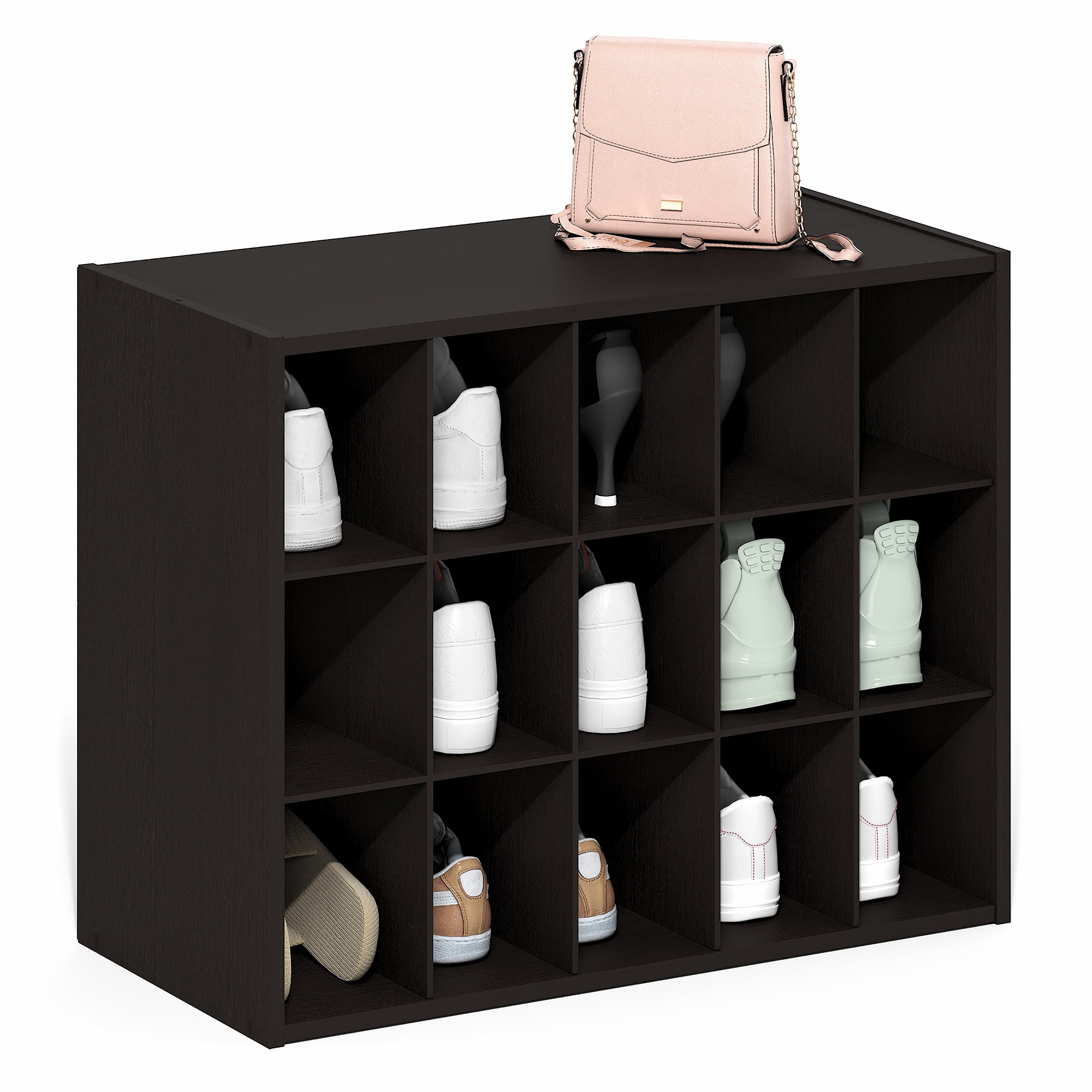 Furinno FANO Shoe Rack, 15-Cube Shoe Organizer, Stackable Shoe Storage, 11.4 x 24.2 x 19.3, for Closet Entryway, Office, Garage, Dark Oak