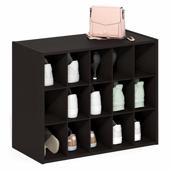 Furinno FANO Shoe Rack, 15-Cube Shoe Organizer, Stackable Shoe Storage, 11.4 x 24.2 x 19.3, for Closet Entryway, Office, Garage, Dark Oak