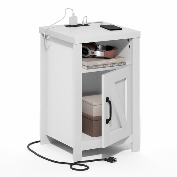 Furinno FARMHOUSE Night Stand with Charging Station, Bedside Table, Side Table, End Table with Door, USB Ports and Outlets, for Bedroom, Living Room, Plain White