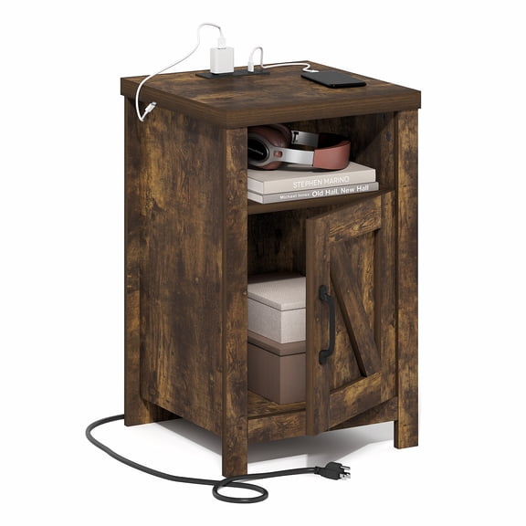 Furinno FARMHOUSE Night Stand w/ Charging USB & Outlets Bedside Table Amber Pine